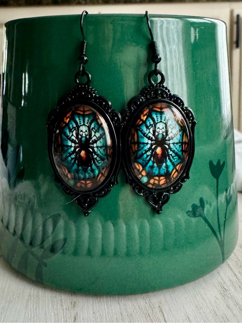 Vintage-Style Spider Stained Glass Oval Earrings in Teal & Amber 2” long - Picture 2 of 4